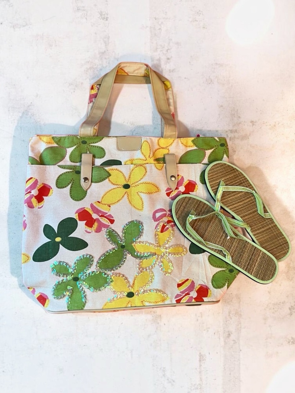 NWOT Floral Tote Bag with Sandals Green, Yellow, Pink, Sequins